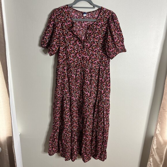 Old Navy Size Small Tiered Floral Pink Purple Midi Dress - Picture 1 of 5